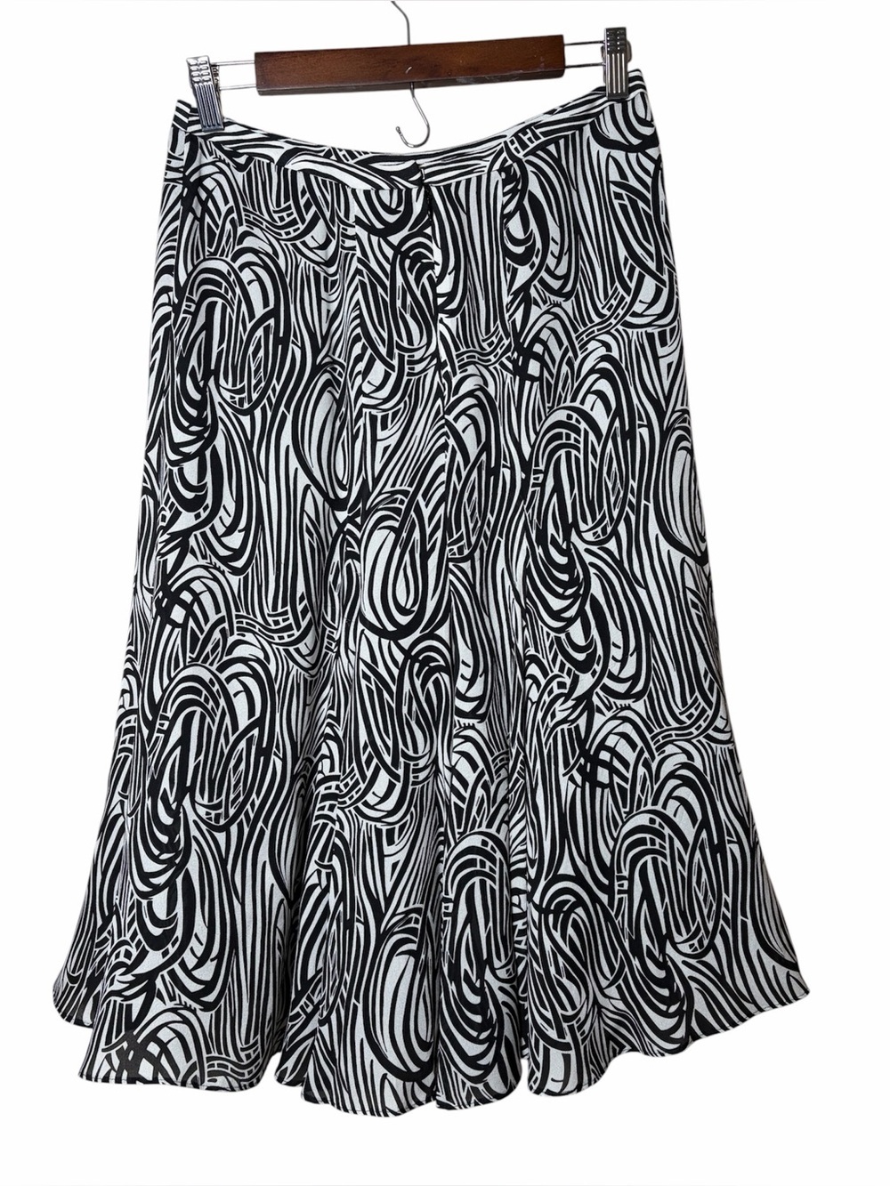 Jones New York 100% Silk A-Line Midi Skirt Black White Abstract Print Size 4